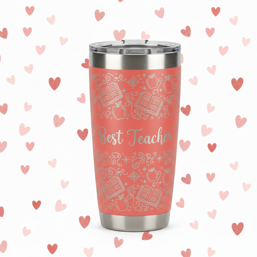Coral Teacher tumbler with heart pattern