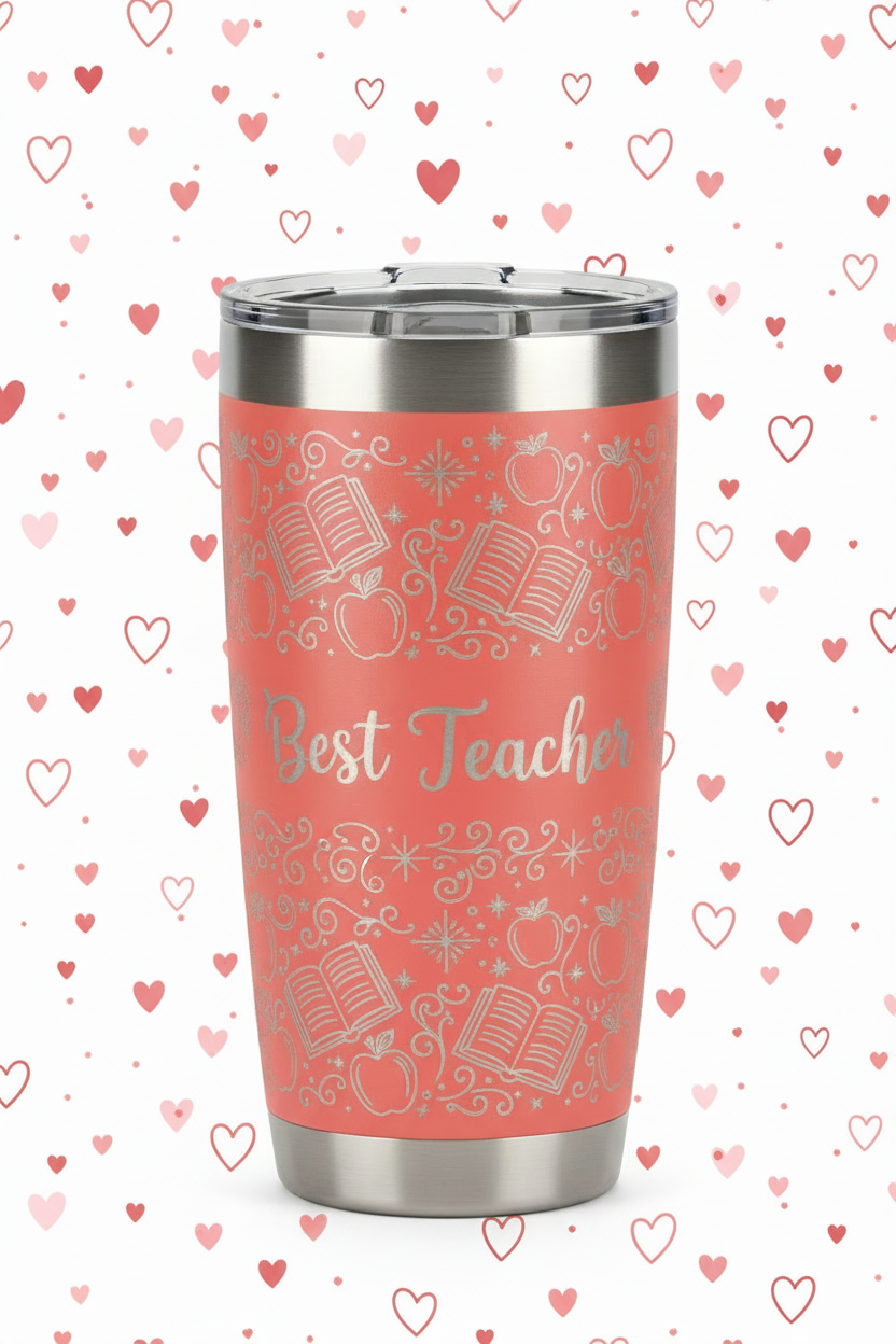 Coral teacher tumbler with hearts