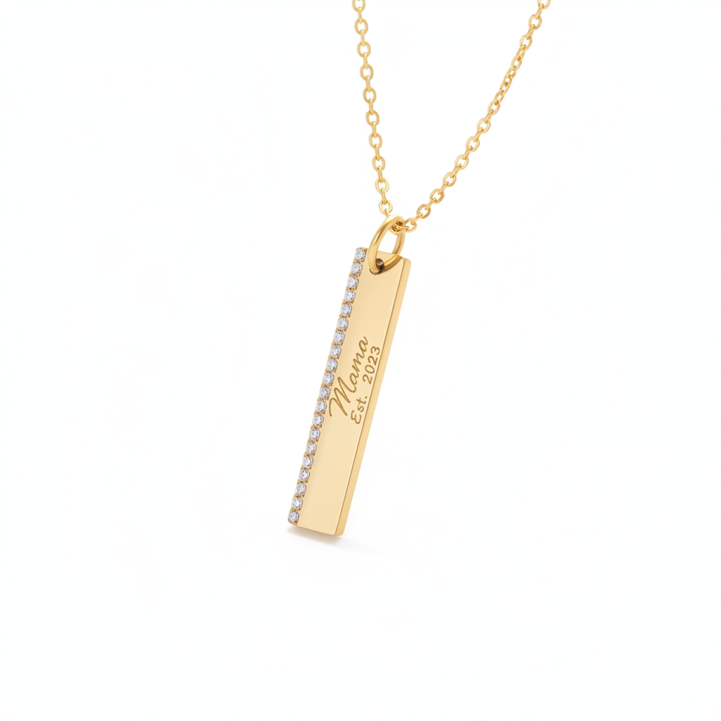 Gold bar necklace with white background