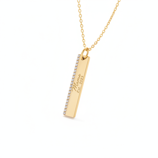 Gold bar necklace with white background