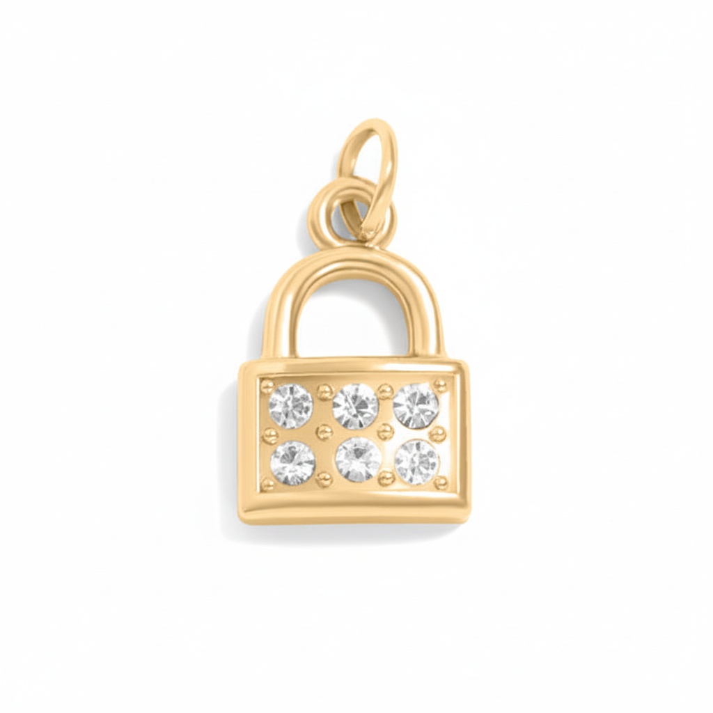Gold padlock charm on white background