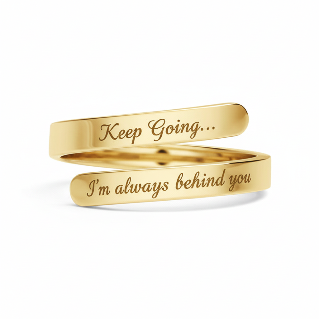 Gold wrap ring with Keep Going and I'm always behind you engravings