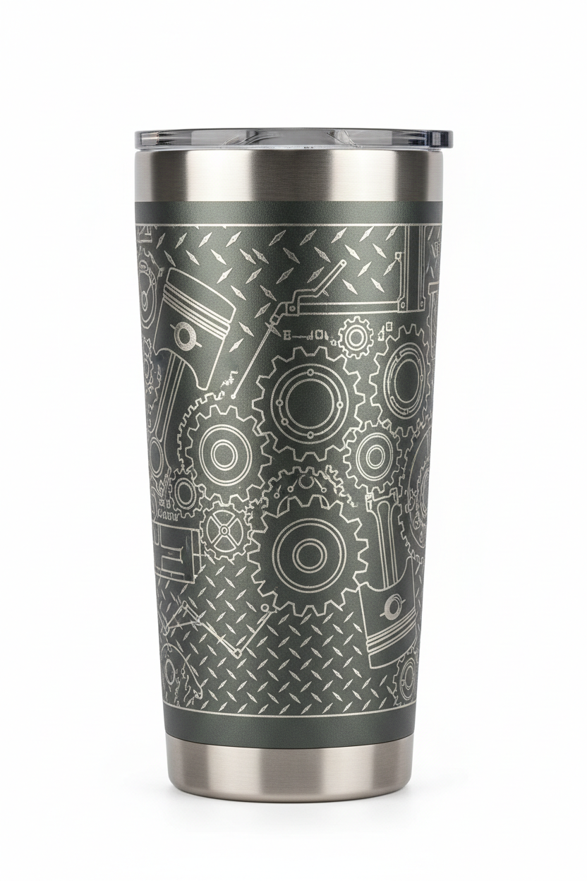 Gray tumbler with mechanical engraving