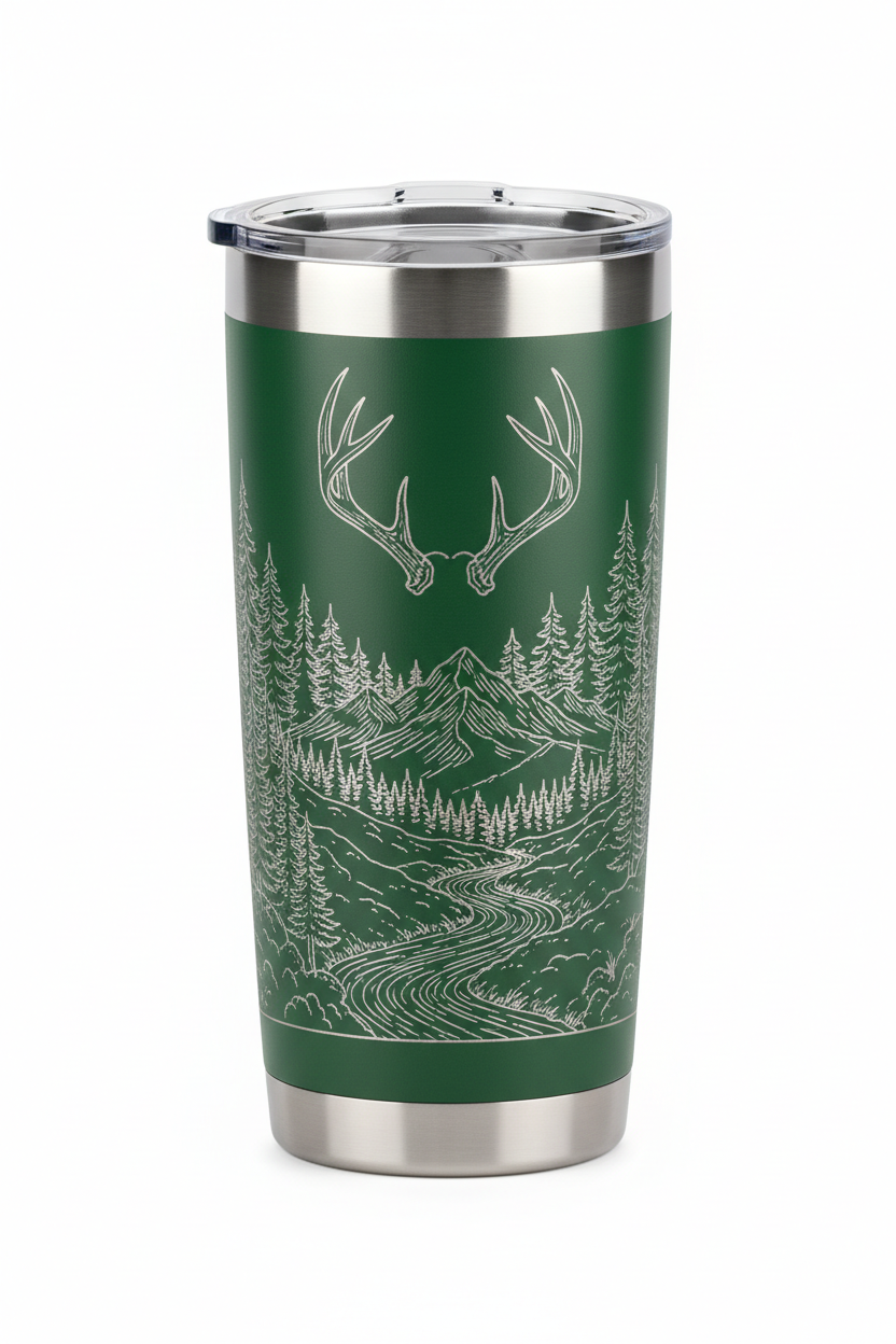 Green tumbler with hunting theme engraving