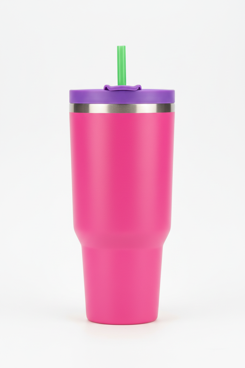 Hot pink tumbler with solid purple top and green straw