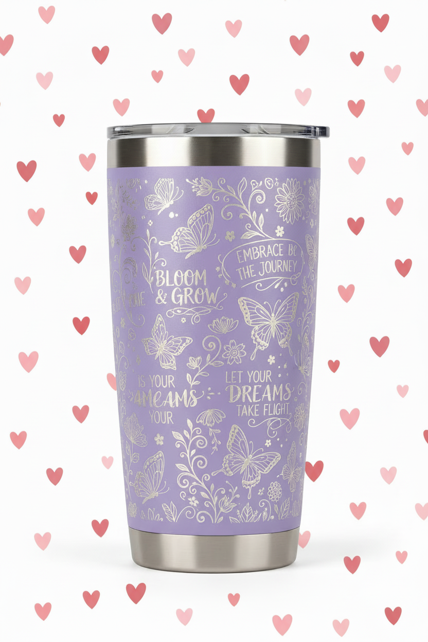 Lavender butterfly tumbler with hearts