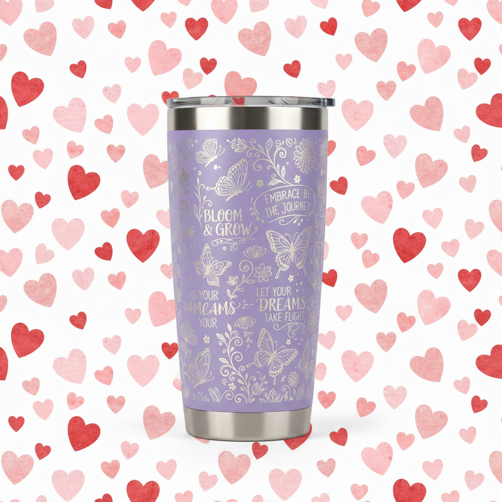 Lavender tumbler with heart pattern