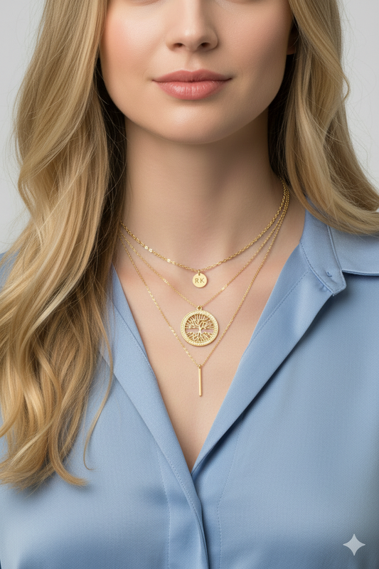 Layered gold necklaces on blonde model in blue shirt
