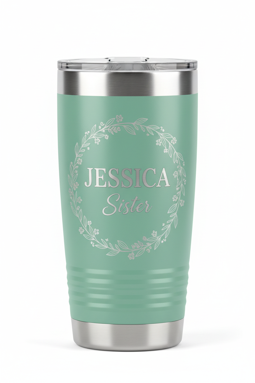 Mint green sister tumbler with botanical design