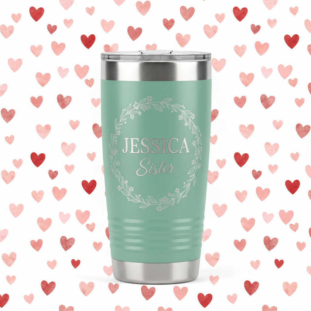Mint Sister tumbler with heart pattern