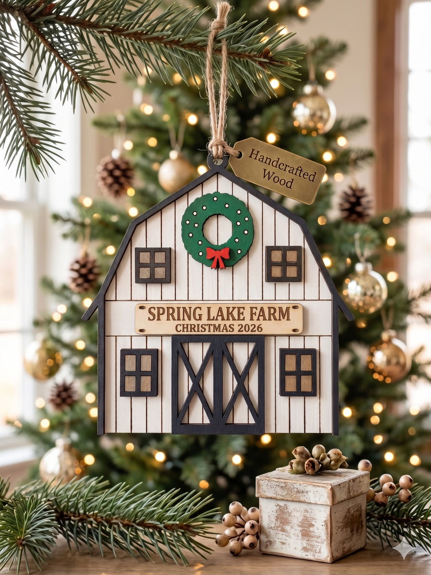 Personalized White Barn Ornament | Custom Laser Engraved Keepsake