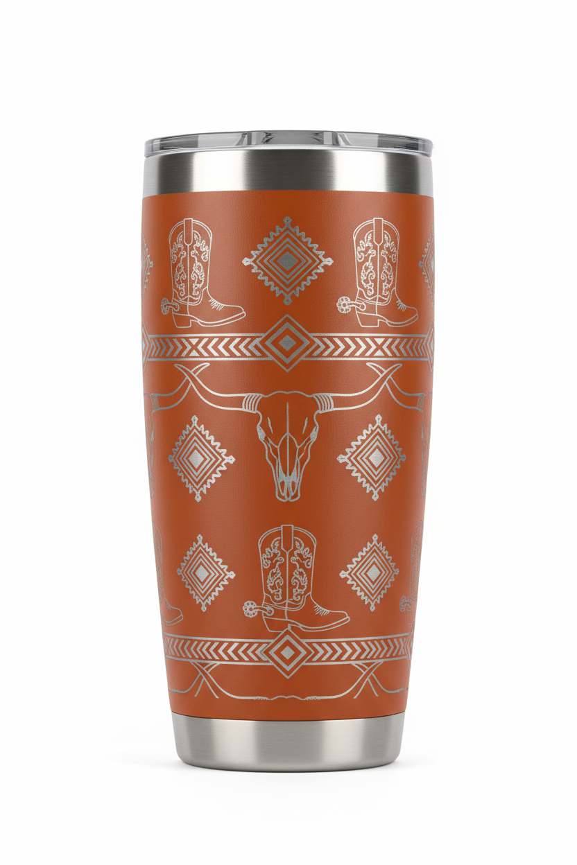 Orange tumbler with western engraving