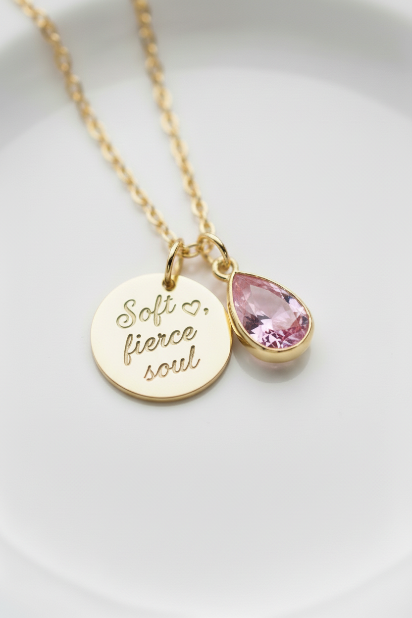 Personalized necklace with pink gem and heart symbol