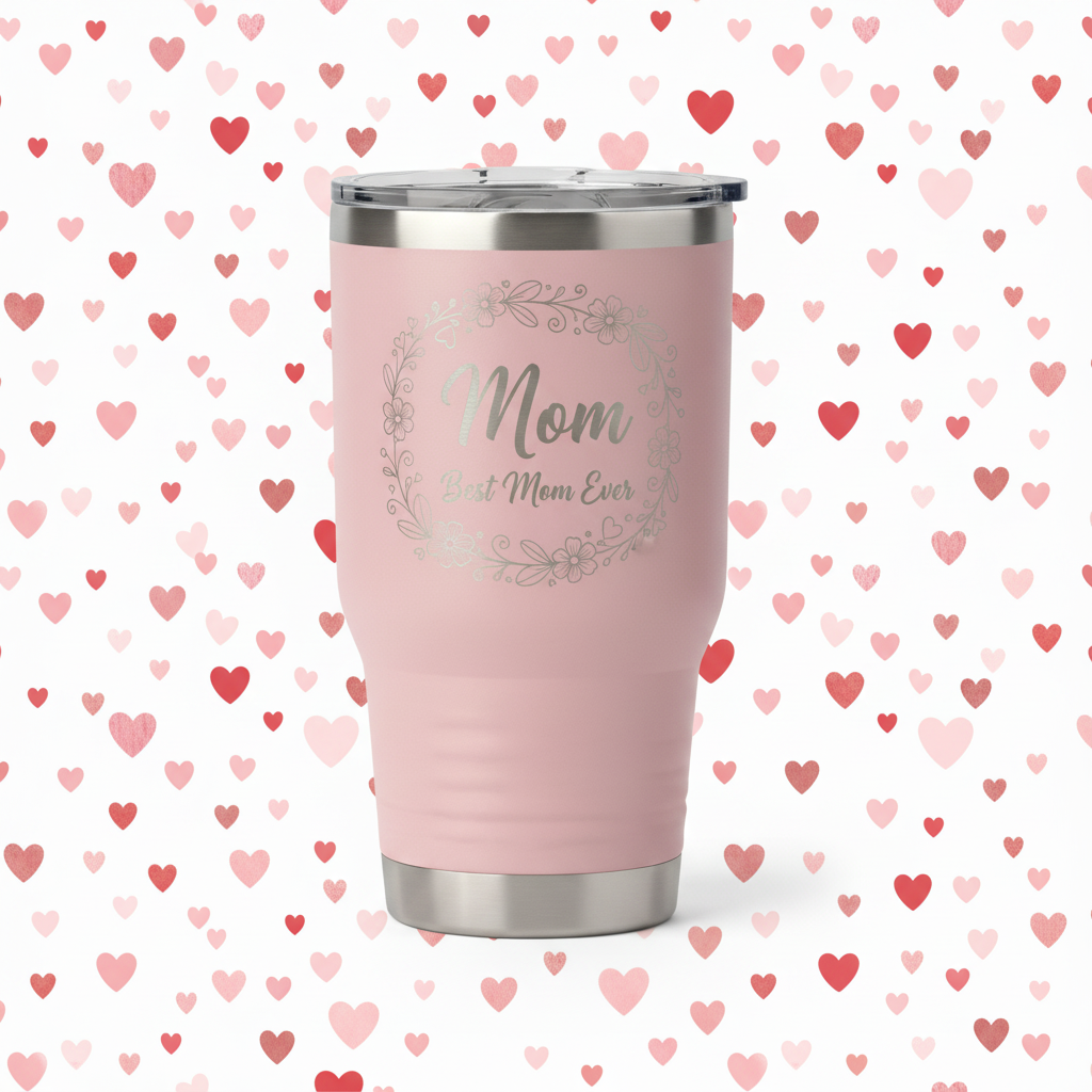 Pink Mom tumbler with heart pattern