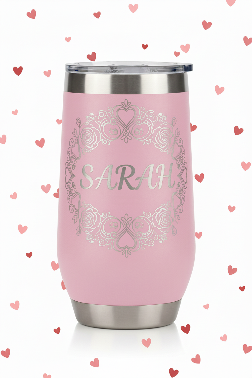 Pink Sarah Valentine tumbler with hearts