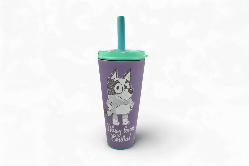 Purple tumbler with large Bluey engraving and "Bluey loves Emilia!"
