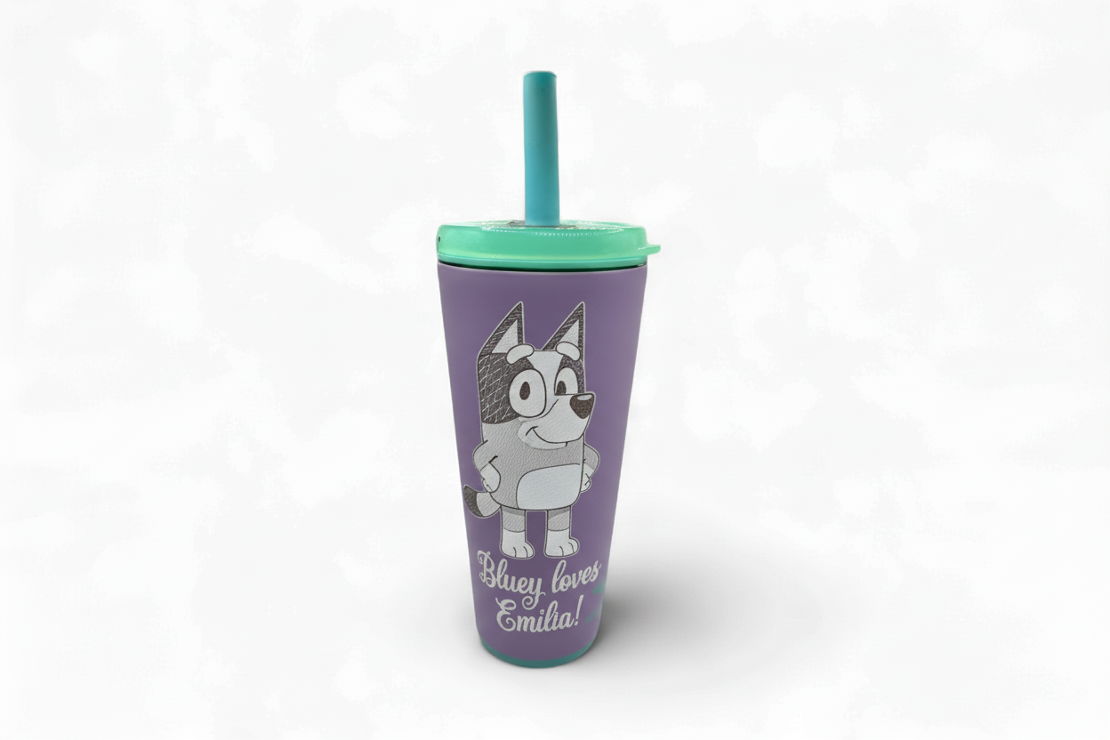 Purple tumbler with large Bluey engraving and "Bluey loves Emilia!"