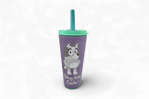 Purple tumbler with large Bluey engraving and "Bluey loves Emilia!"