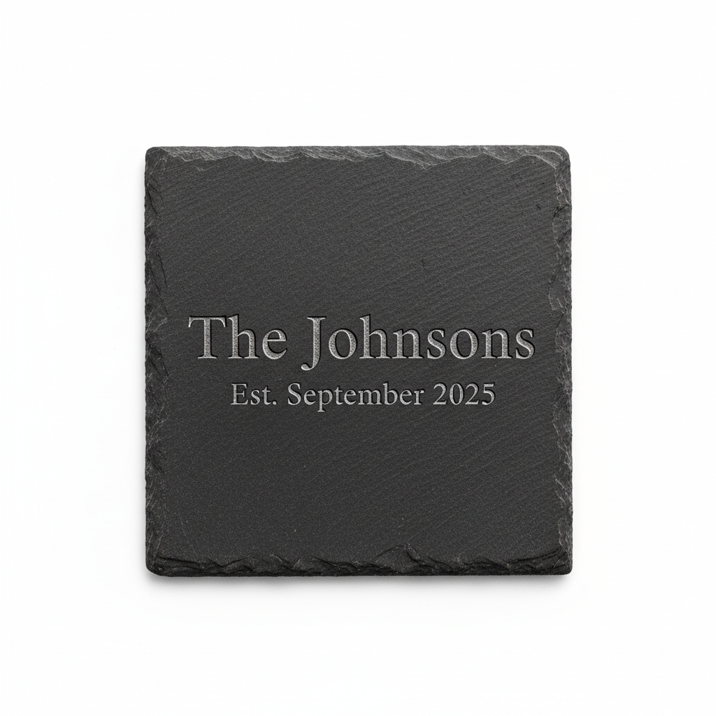 Realistic engraved black slate coaster for The Johnsons