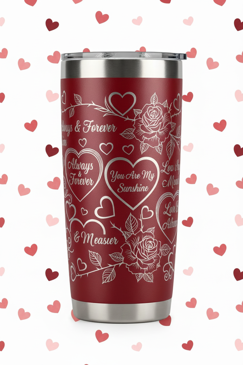 Red Valentine tumbler with hearts background