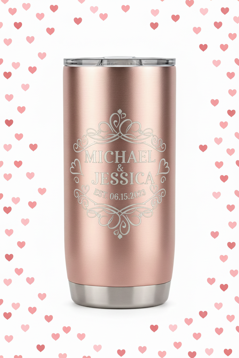 Rose gold couples tumbler with hearts