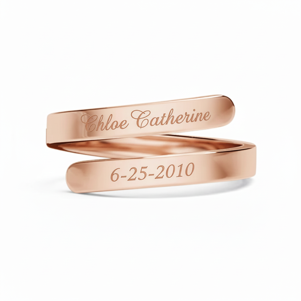 Rose gold wrap ring with Chloe Catherine and 6-25-2010 engravings