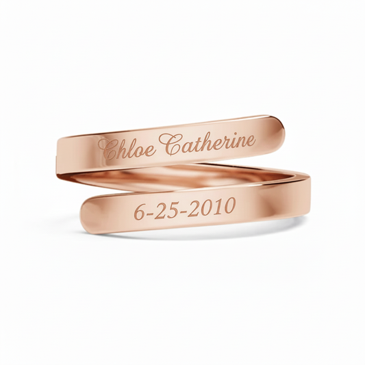 Rose gold wrap ring with Chloe Catherine and 6-25-2010 engravings