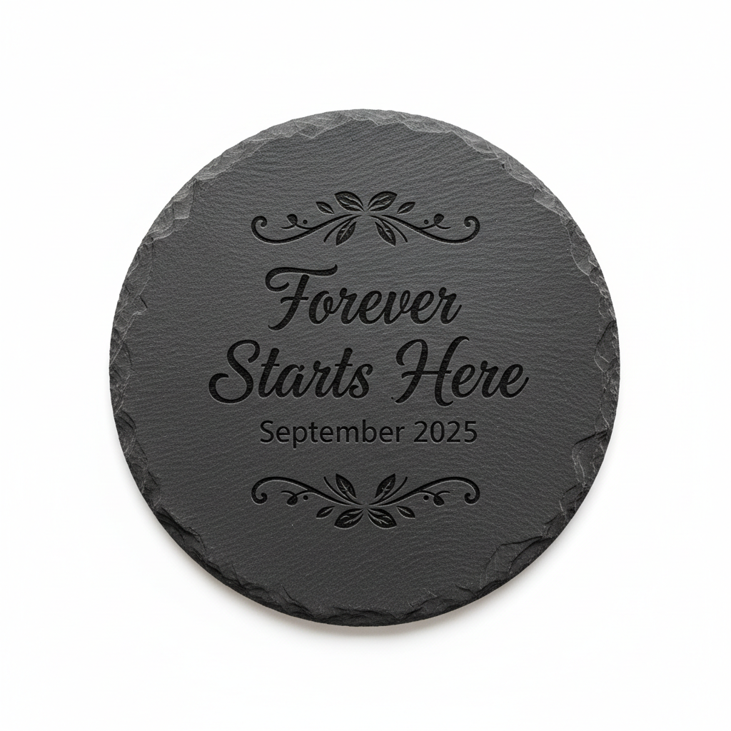 Round coaster with Forever Starts Here