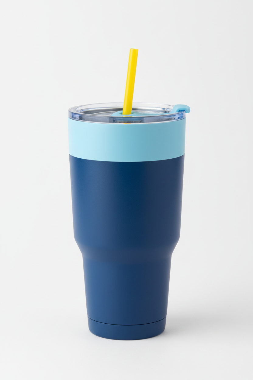 Sea blue tumbler with light blue top and yellow straw