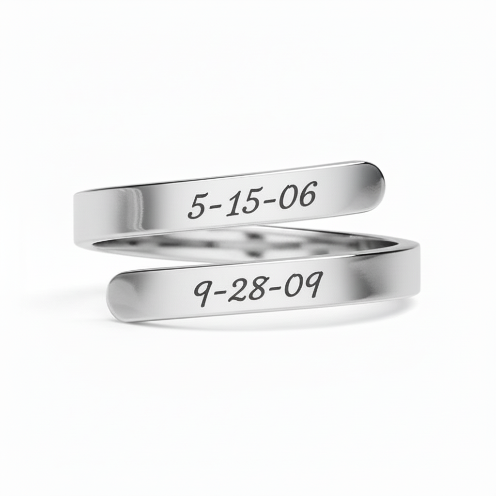 Silver wrap ring with kid font date engravings