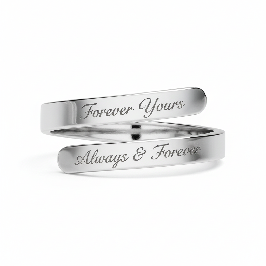 Silver wrap ring with romantic Forever Yours and Always & Forever engravings
