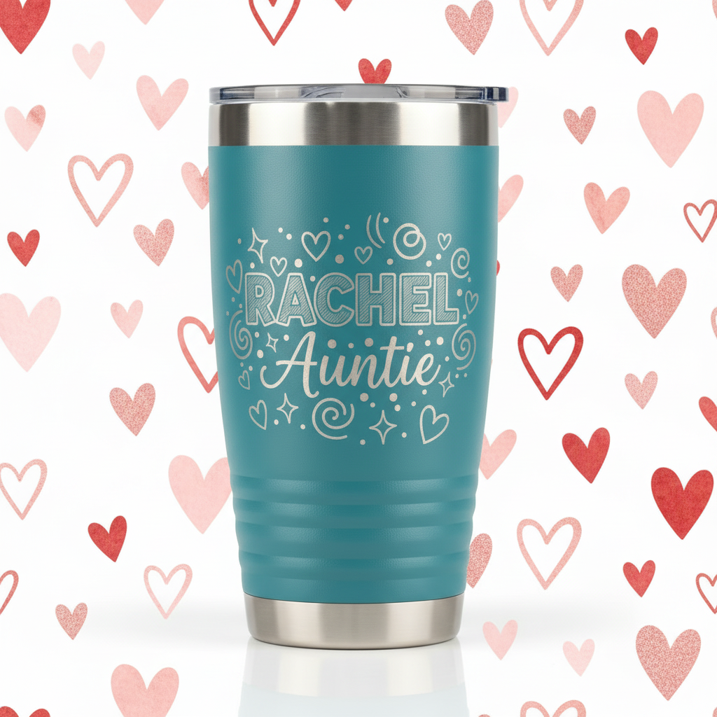Teal Auntie tumbler with heart pattern