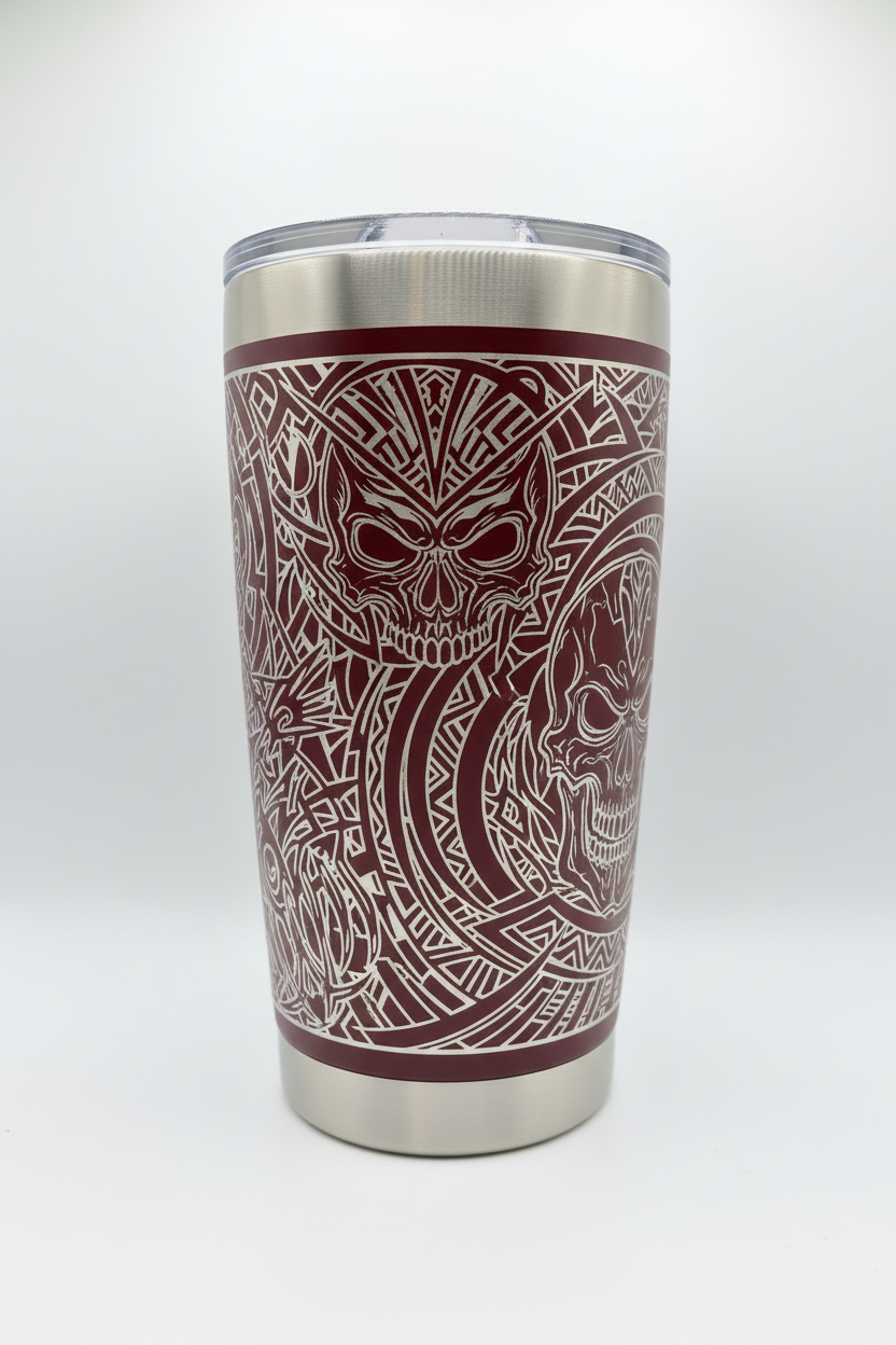 Tumbler with aggressive full wrap engraving design