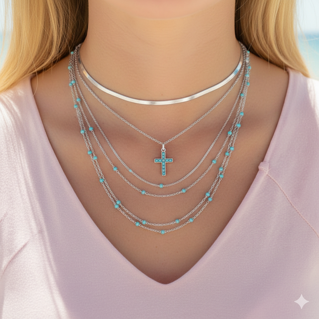 Layered Turquoise Cross + Beaded Necklace  |  18K Gold PVD or Silver  | Peace & Petals