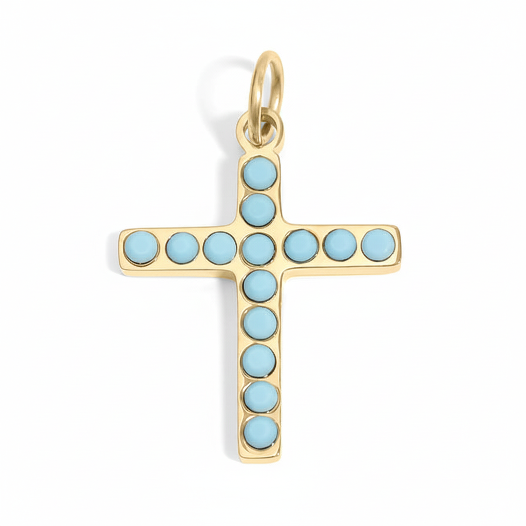 Turquoise cross on white background