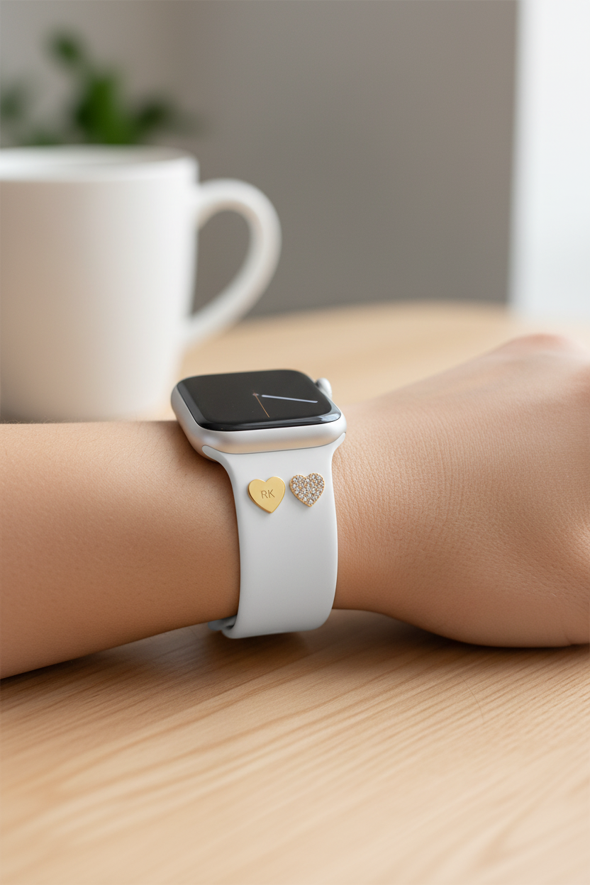 Woman wearing Apple Watch with heart charms